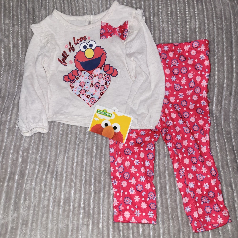 Sesame Street Elmo Baby Girl 2-Piece Ruffle Top and Floral Leggings Set 6-9M NWT